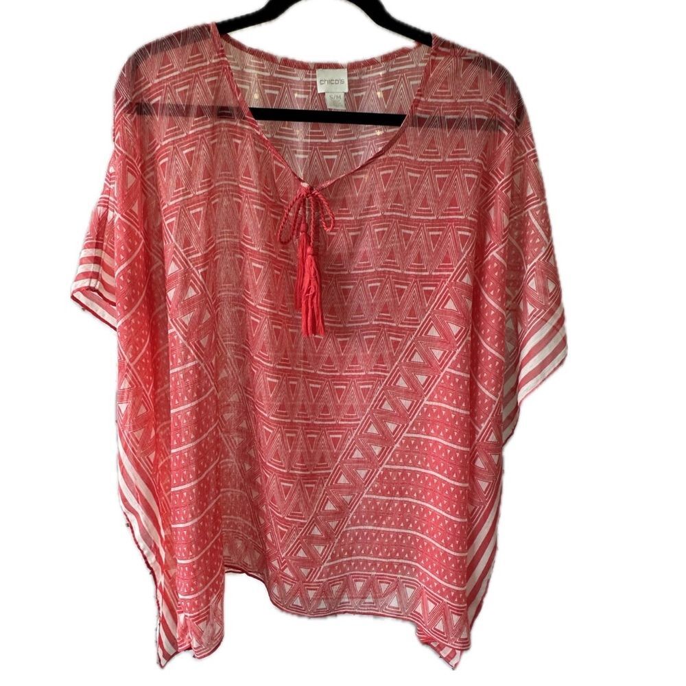 Chico's Sheer Geometric Tassel Summer Cover Up Stripe Batwing Poncho S/M